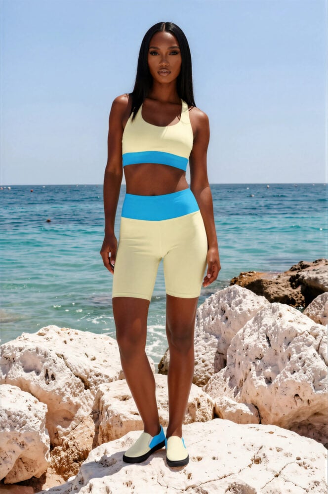Imogen Limestone Rocks The Bauhaus Series (Cream and Deep Blue Sky) Longline Sports Bra biker shorts canvas deck shoes cream sky blue front art concierge clothing JPG