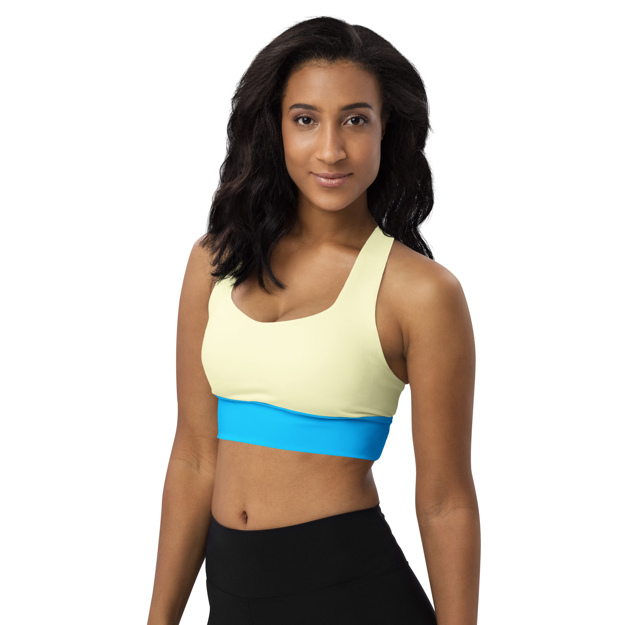 all over print recycled longline sports bra white left front 69546fd60c85d jpg