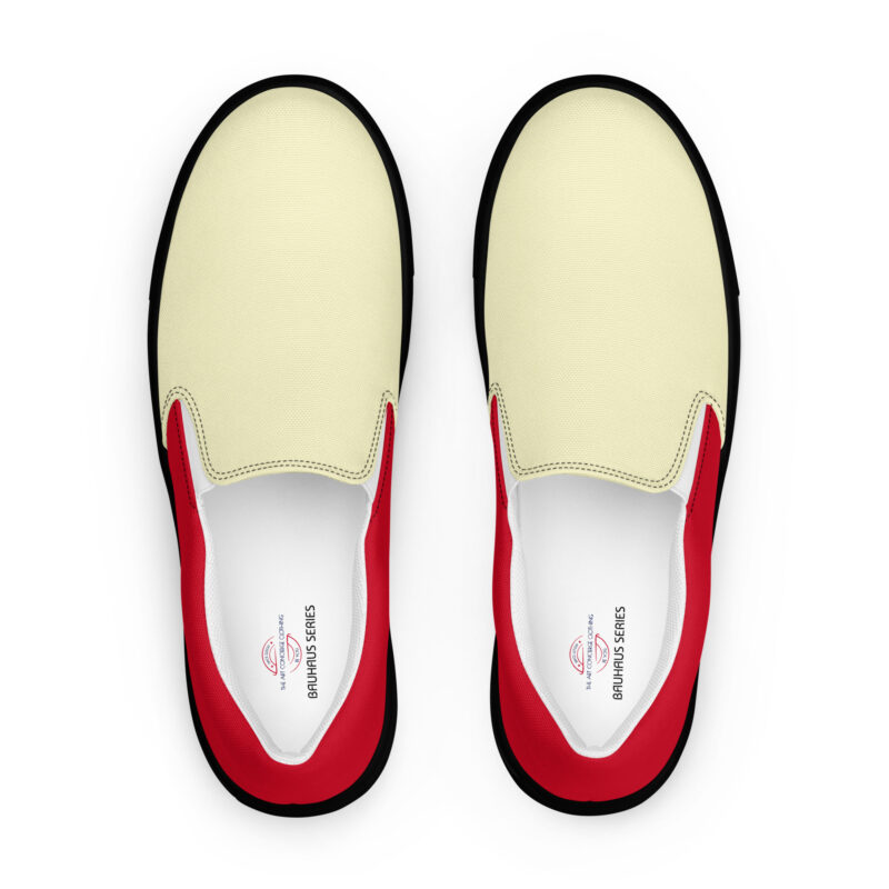 The Bauhaus Series (Cream and Cherry Red) Men’s Slip-on Canvas Shoes cream, cherry red and black front art concierge clothing jpg