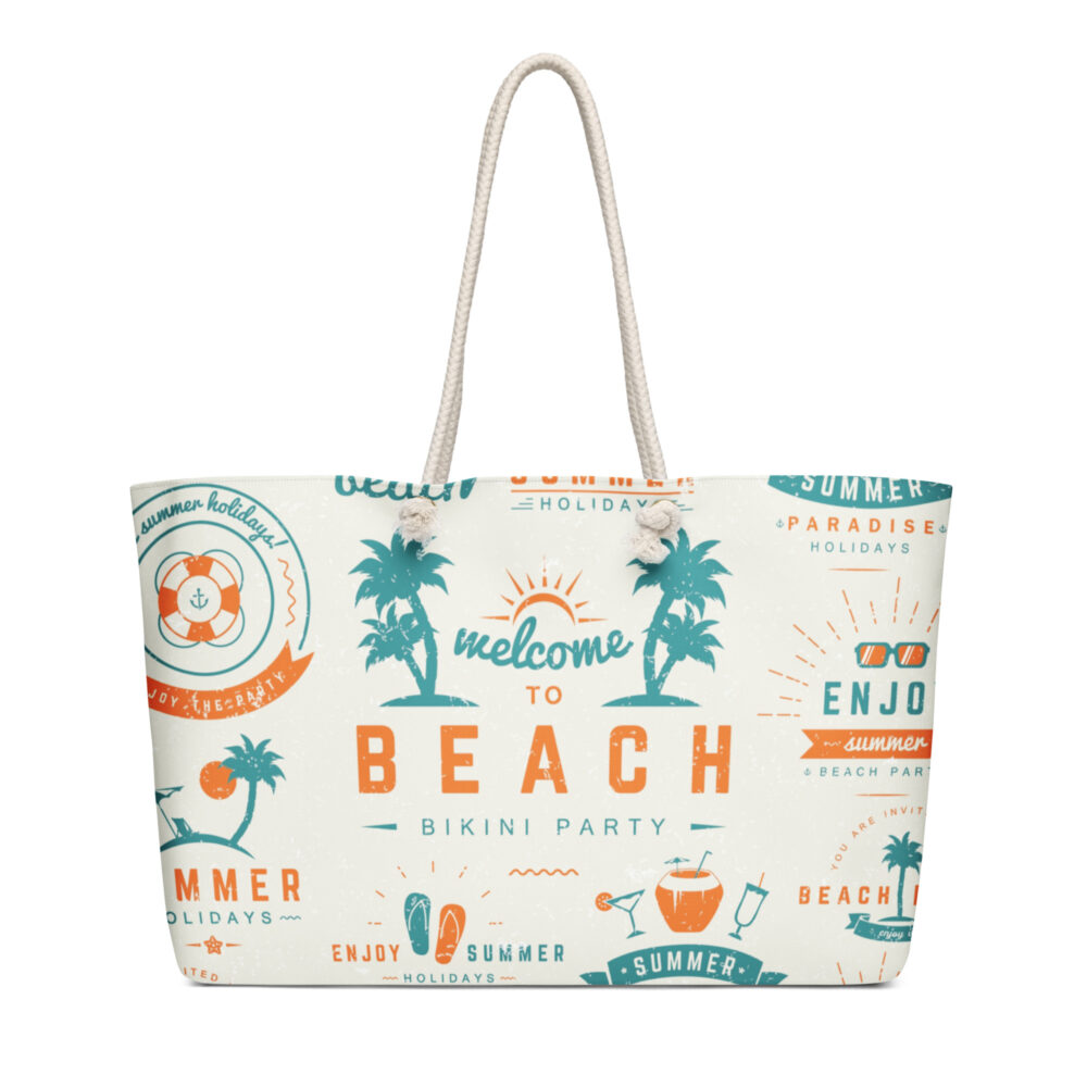 The Cartoon Series (Beach) Weekender Bag tan and white 24x13 front art concierge clothing jpg