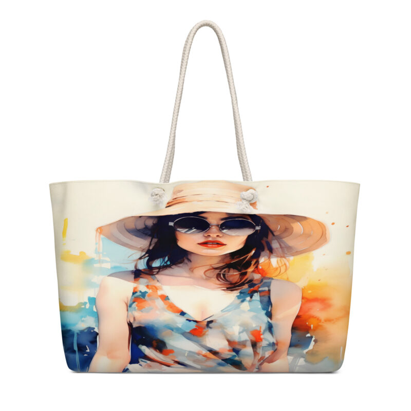The Art Series (Lady in Watercolors) Weekender Bag tan and pastel colors 24x13 front art concierge clothing jpg