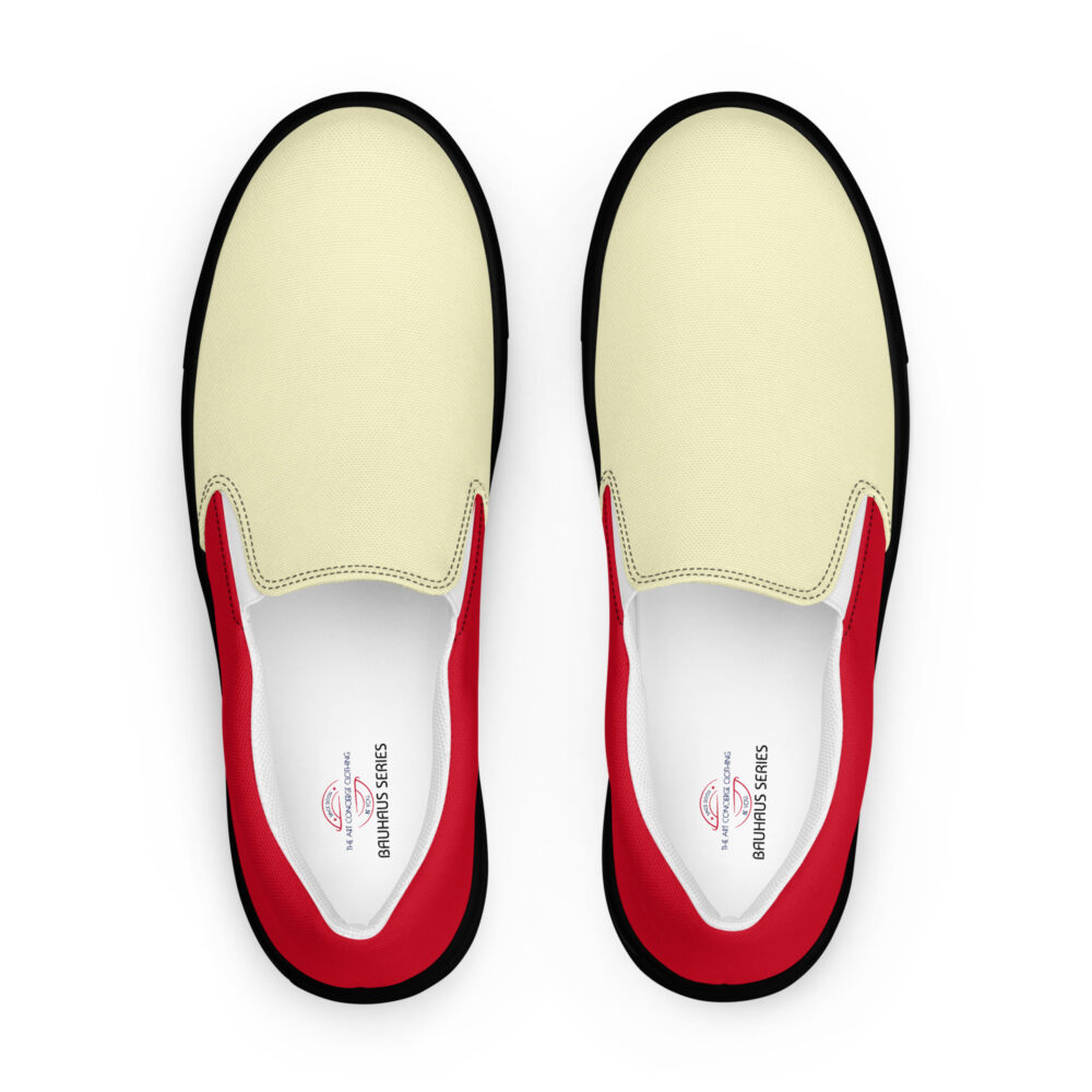 The Bauhaus Series (Cream and Cherry Red) Women’s Slip-on Canvas Shoes cream, cherry red and black front art concierge clothing jpg