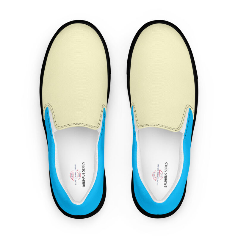The Bauhaus Series (Cream and Deep Blue Sky) Women’s Slip-on Canvas Shoes blue, cream and black front art concierge clothing jpg