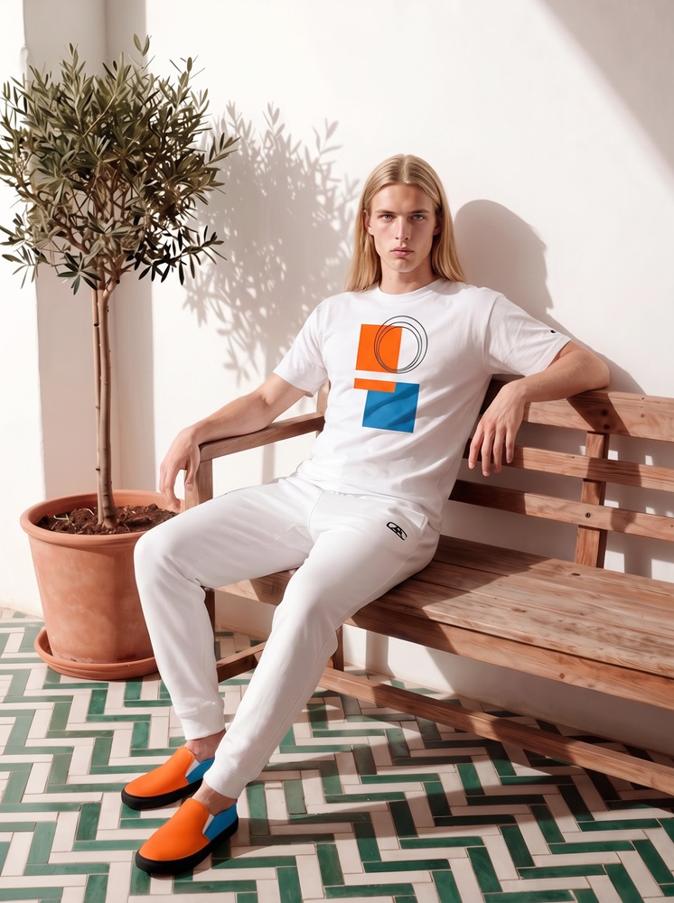 Bodhi The Bauhaus Series (Persimmon and Friends) Champion T Shirt Fleece Joggers Canvas Deck Shoes persimmon blue black white front art concierge clothing JPG