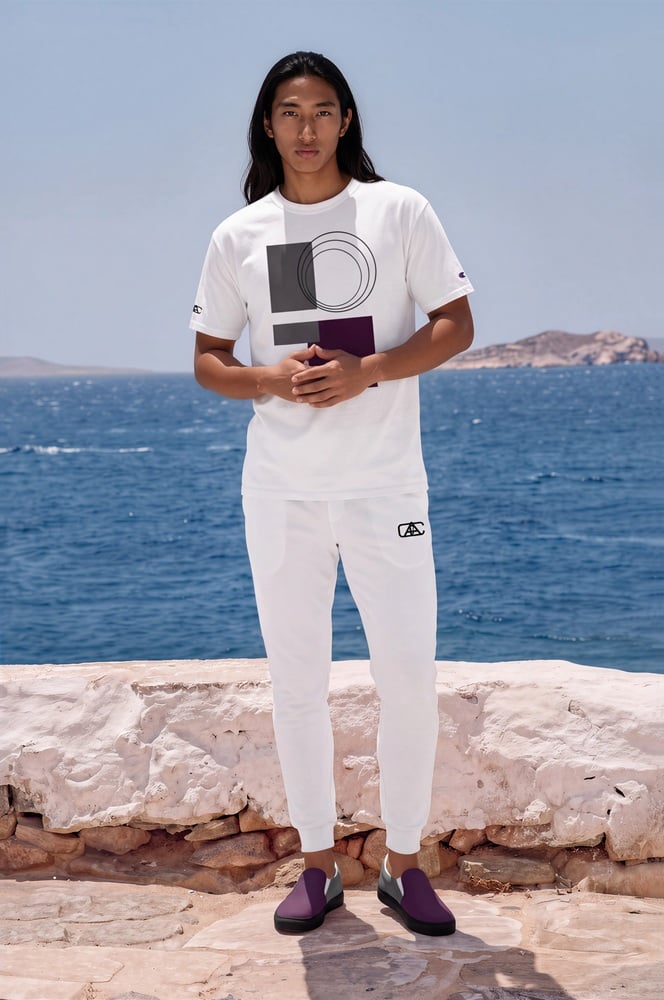 Callum Azure Coast The Bauhaus Series (Plum and Grey) Champion T Shirt fleece joggers canvas deck shoes plum grey white front art concierge clothing JPG