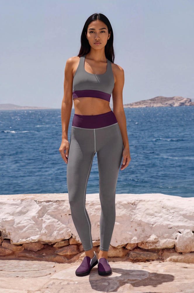 Kaia Azure Coast The Bauhaus Series (Plum and Grey) Longline Sports Bra yoga leggings canvas deck shoes plum grey front art concierge clothing JPG