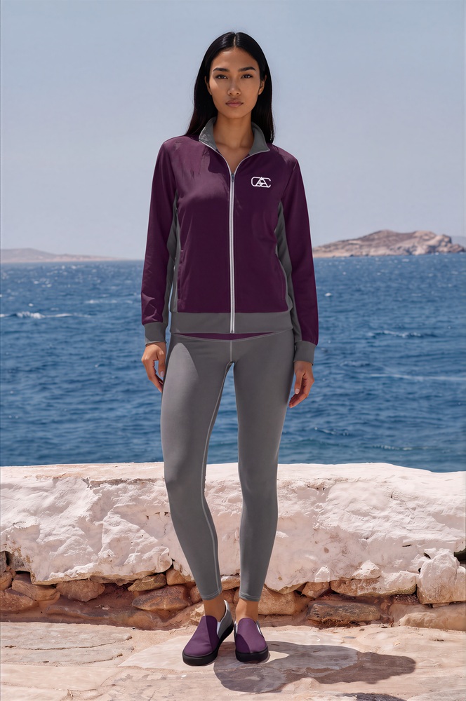 Kaia Azure Coast The Bauhaus Series (Plum and Grey) Track Jacket yoga leggings canvas deck shoes plum grey white front art concierge clothing JPG