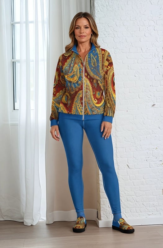 Melissa Lofty Look the paisley series track jacket yoga leggings canvas deck shoes blue red paisley front art concierge clothing jpg