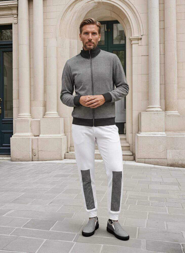 Sebastian Parisian Rue tartan The Tartan Series (Glenn Plaid) track jacket fleece joggers canvas deck shoes plaid grey white front art concierge clothing jpg