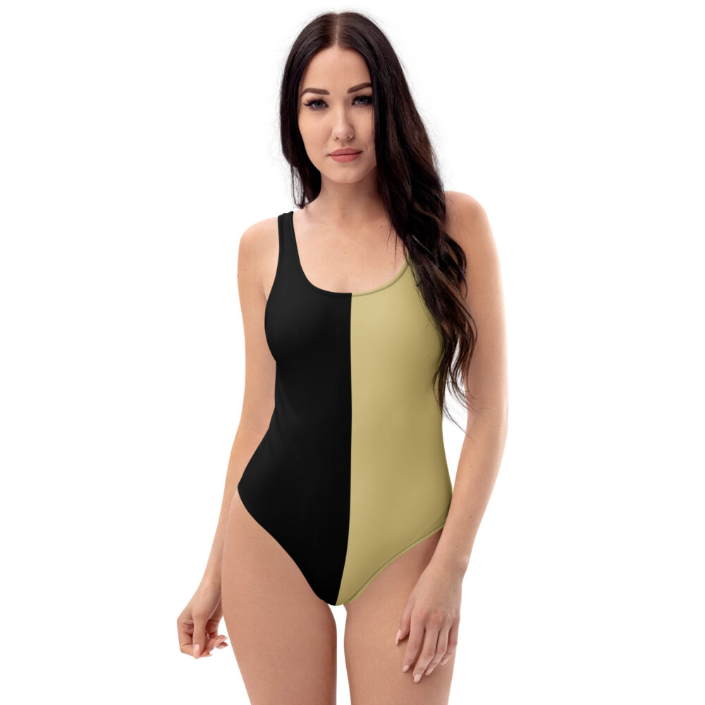 The Bauhaus Series (Khaki and Black) One-Piece Swimsuit black khaki front art concierge clothing jpg