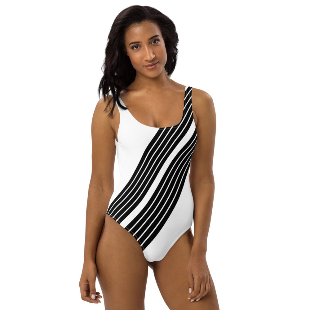 The Stripes Series (Black) One-Piece Swimsuit black white front art concierge clothing jpg