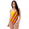 The Stripes Series (Yellow) One-Piece Swimsuit yellow red black white front art concierge clothing jpg