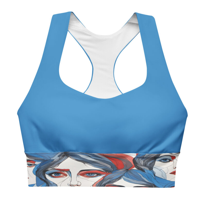the art series (60's faces) longline sports bra blue white front art concierge clothing jpg the art series (60's faces) longline sports bra blue white front art concierge clothing jpg