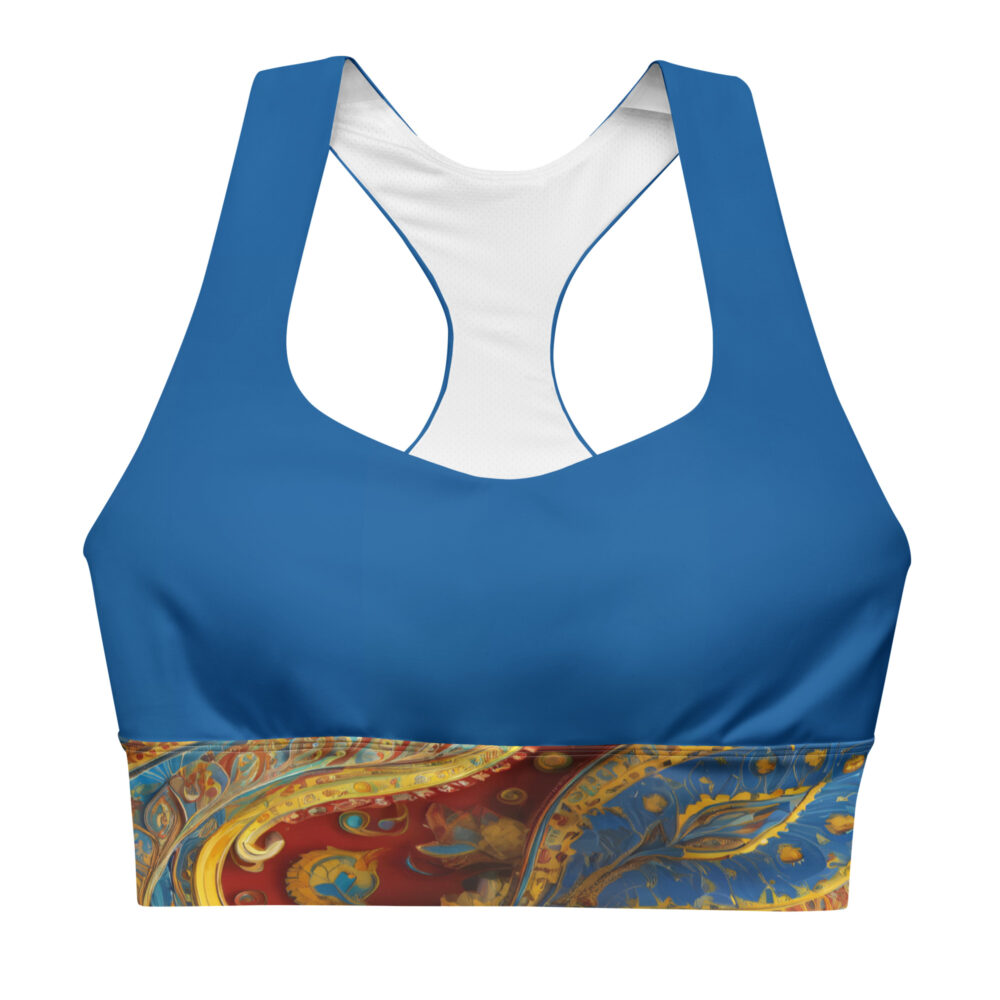 The Paisley Series Longline Sports Bra blue red paisley front art concierge clothing jpg