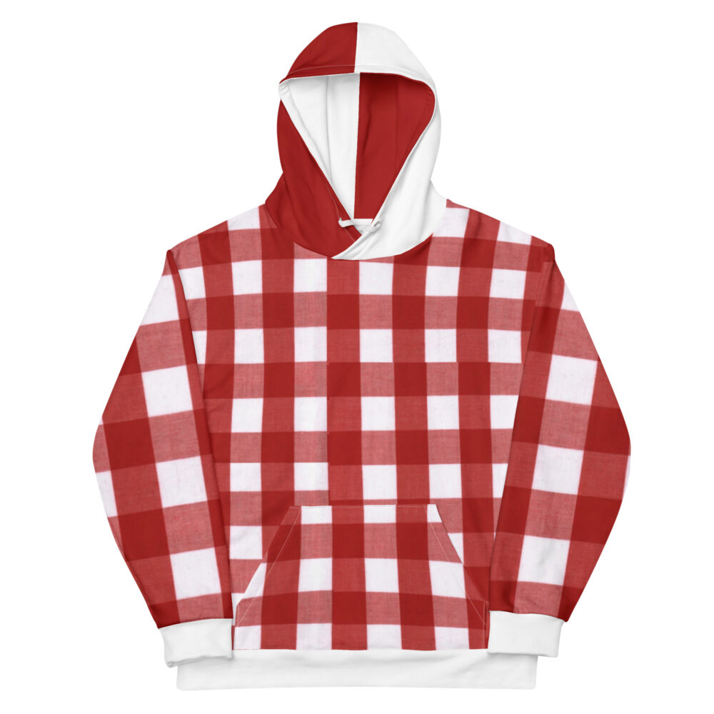 The Stripes series (gingham red) hoodie red white front art concierge clothing JPG