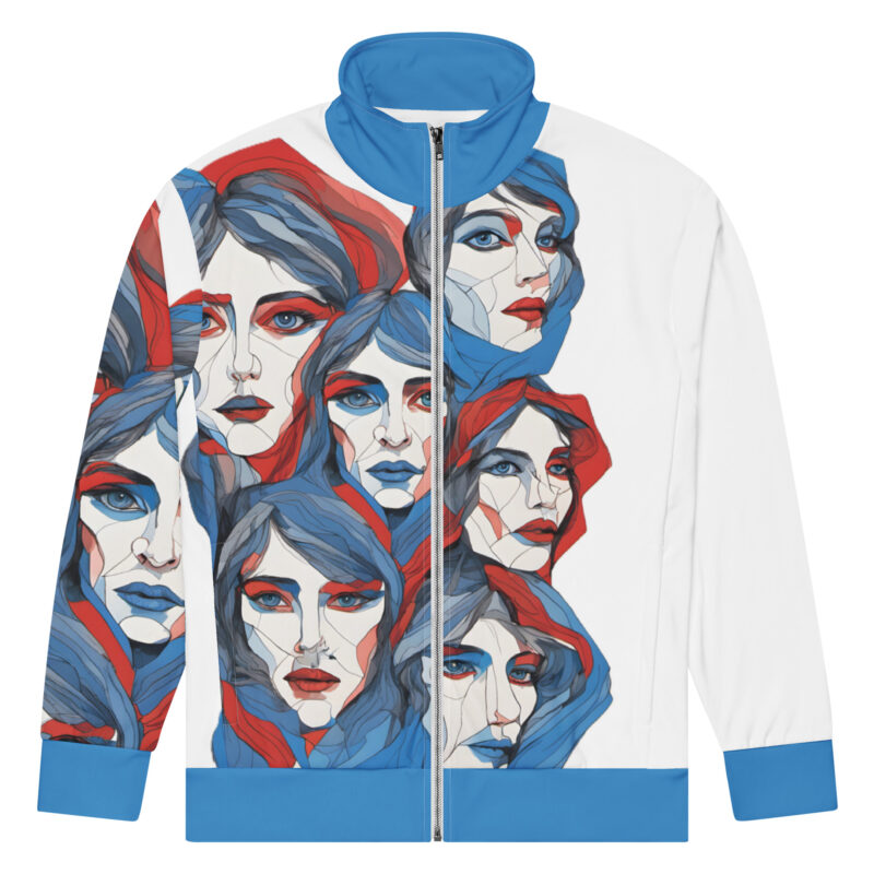 the art series (60's faces) unisex track jacket blue white front art concierge clothing jpg