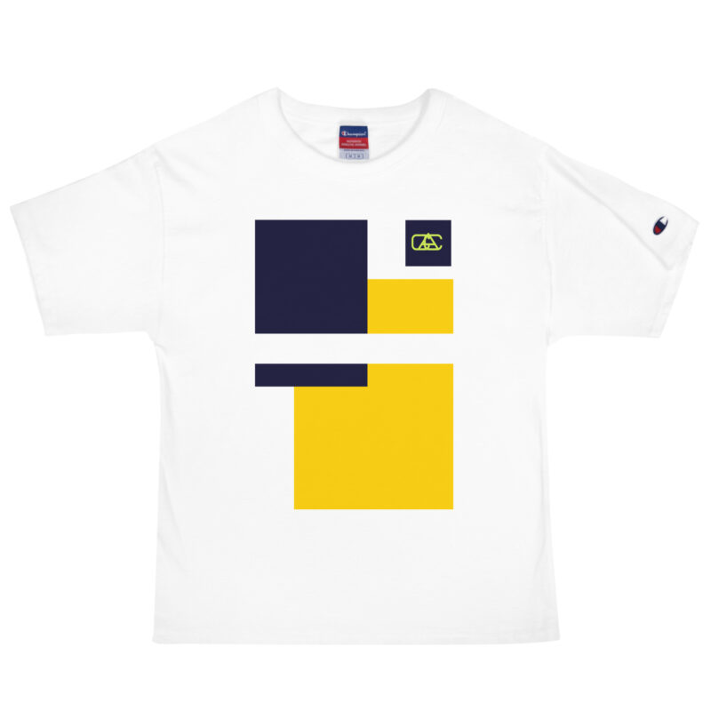 The Bauhaus Series (Navy and Yellow) Champion T-Shirt navy yellow and white front art concierge clothing jpg
