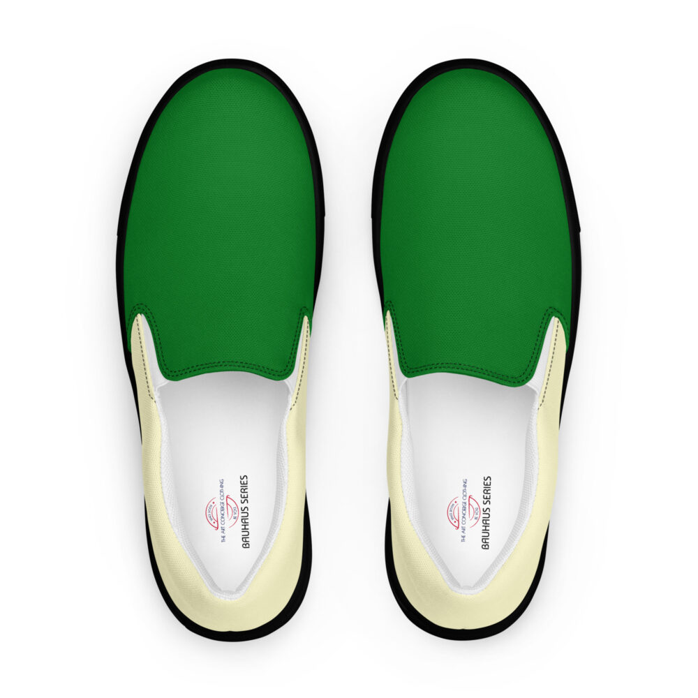The Bauhaus Series (Cream and Bright Green) Men’s Slip-on Canvas Shoes cream bright green black front art concierge clothing jpg