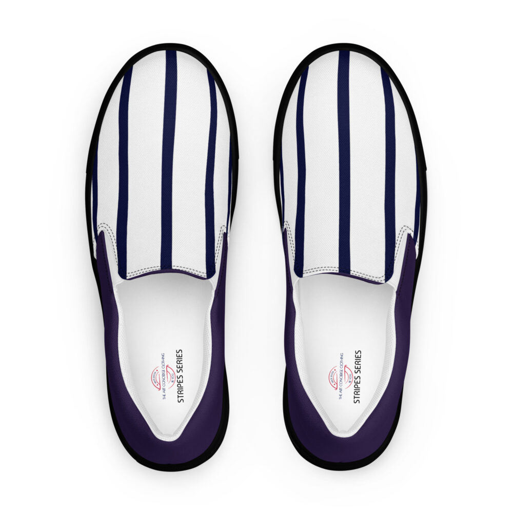 The Stripes Series (Vertical White with Navy) Men’s Slip-on Deck Shoes navy white black front art concierge clothing jpg