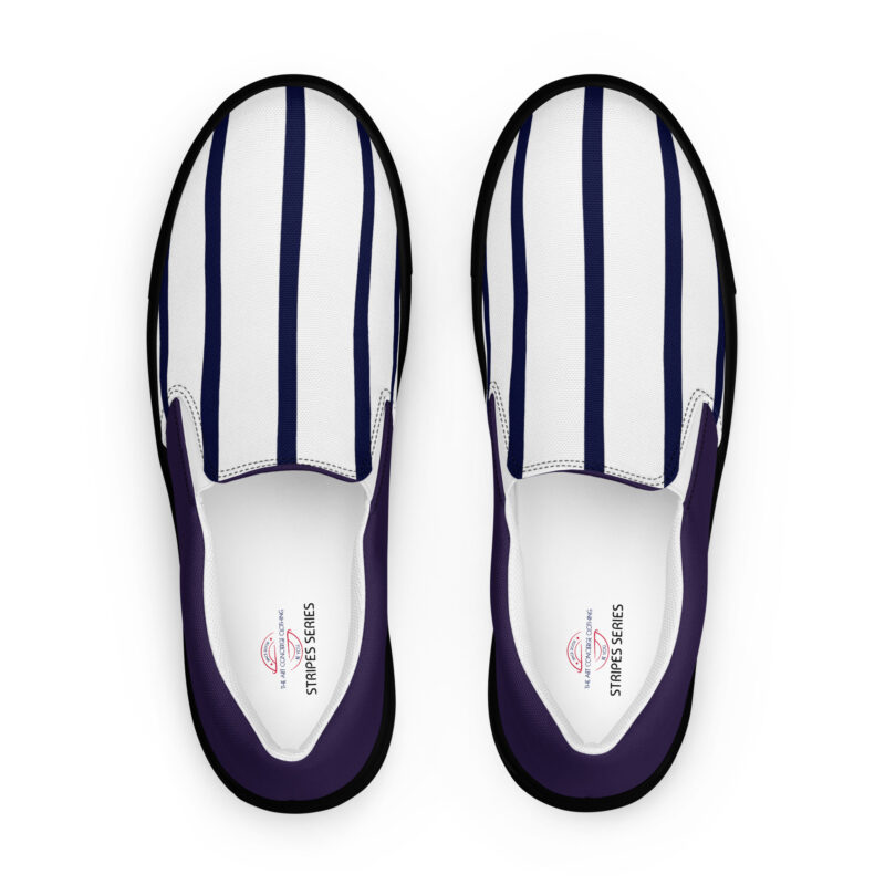The Stripes Series (Vertical White with Navy) Men’s Slip-on Deck Shoes navy white black front art concierge clothing jpg