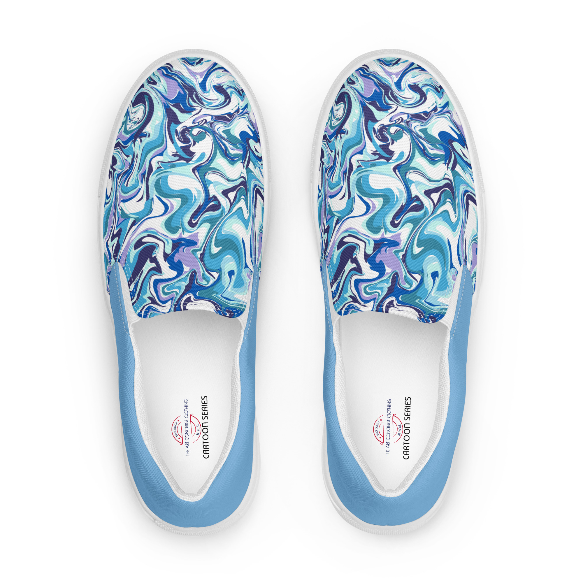 the cartoon series (blue marble) mens slip on canvas shoes blue and white front art concierge clothing jpg