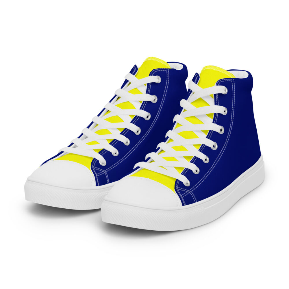 Bauhaus Series (Blue, Yellow and Red) Women’s High Top Canvas Shoes navy blue yellow white left front art concierge clothing jpg