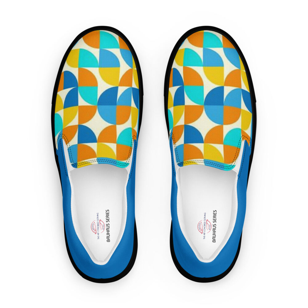 The Bauhaus Series (Circles) womens canvas deck shoes blue yellow white front art concierge clothing jpg