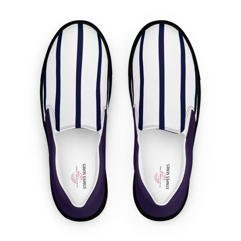 The Stripes Series (Vertical White with Navy) Women’s Slip-on Deck Shoes navy white black front art concierge clothing jpg