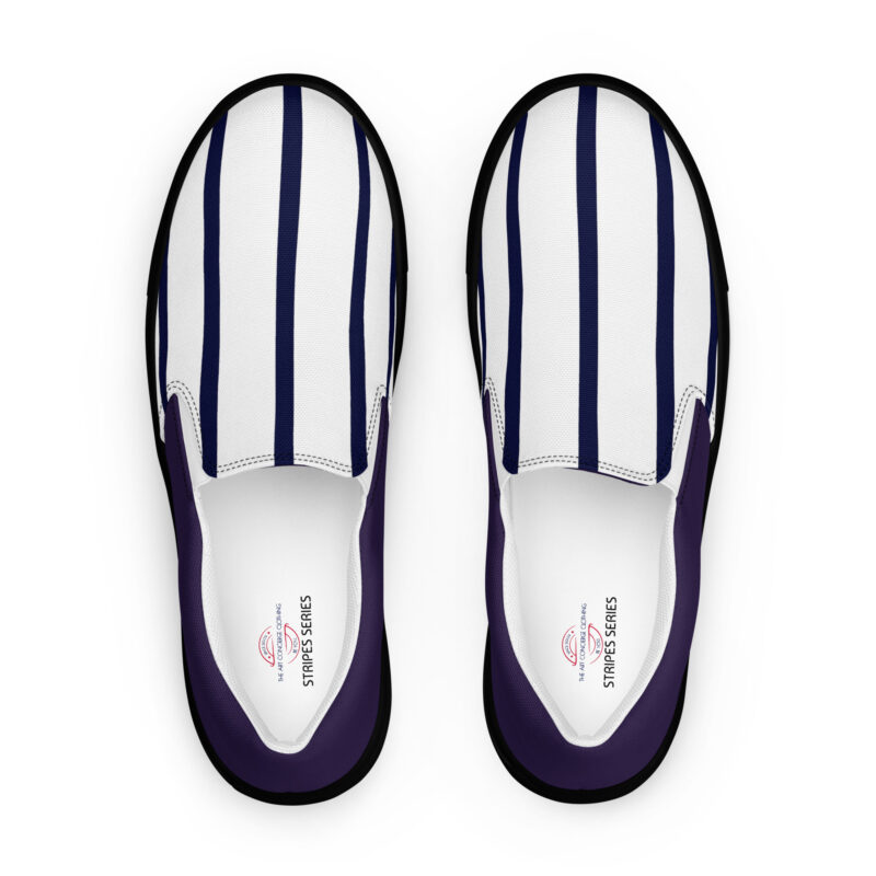 The Stripes Series (Vertical White with Navy) Women’s Slip-on Deck Shoes navy white black front art concierge clothing jpg