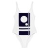 The Pinstripes Series (Bauhaus) One-Piece Swimsuit navy blue light blue white front art concierge clothing jpg