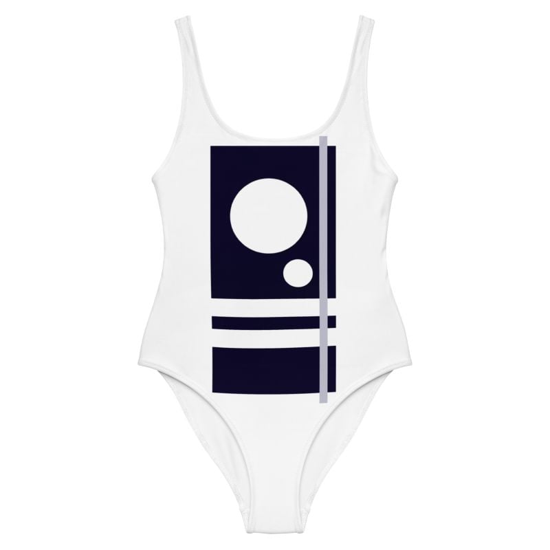 The Pinstripes Series (Bauhaus) One-Piece Swimsuit navy blue light blue white front art concierge clothing jpg