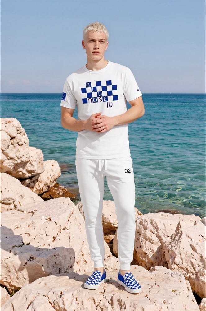 Booker Limestone Rocks The Nautical Series (Bluenose IV) Champion T-shirt Fleece Joggers Canvas Deck Shoes Blue White front art concierge clothing JPG