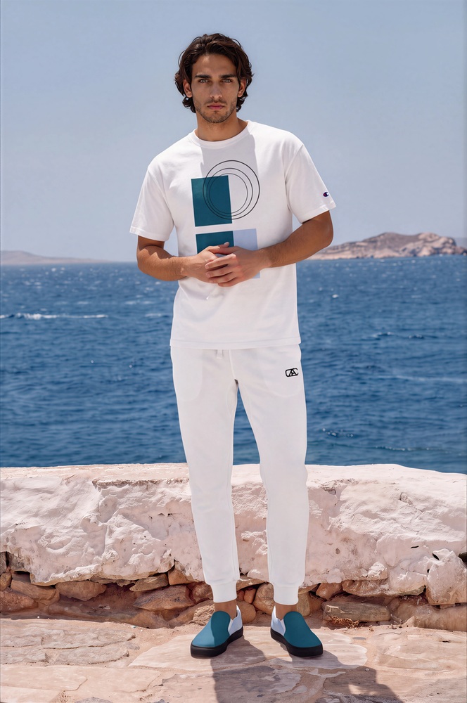 Cesar Azure Coast Natalia Azure Coast The Bauhaus Series (Grey and Teal) champion t shirt fleece joggers canvas deck shoes grey teal white front art concierge clothing JPG