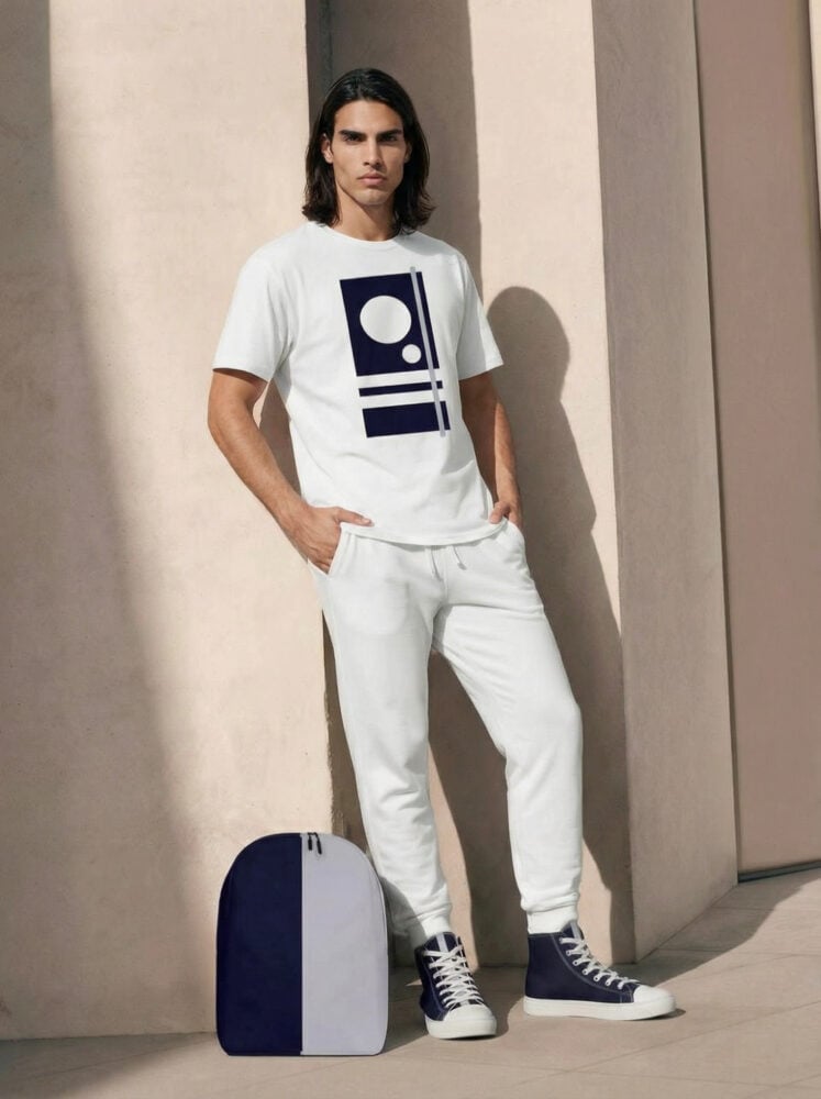 Giovanni in the pinstripes series champion t shirt, plain fleece joggers canvas high top shoes and minimalist backpack navy blue light blue white front art concierge clothing jpg