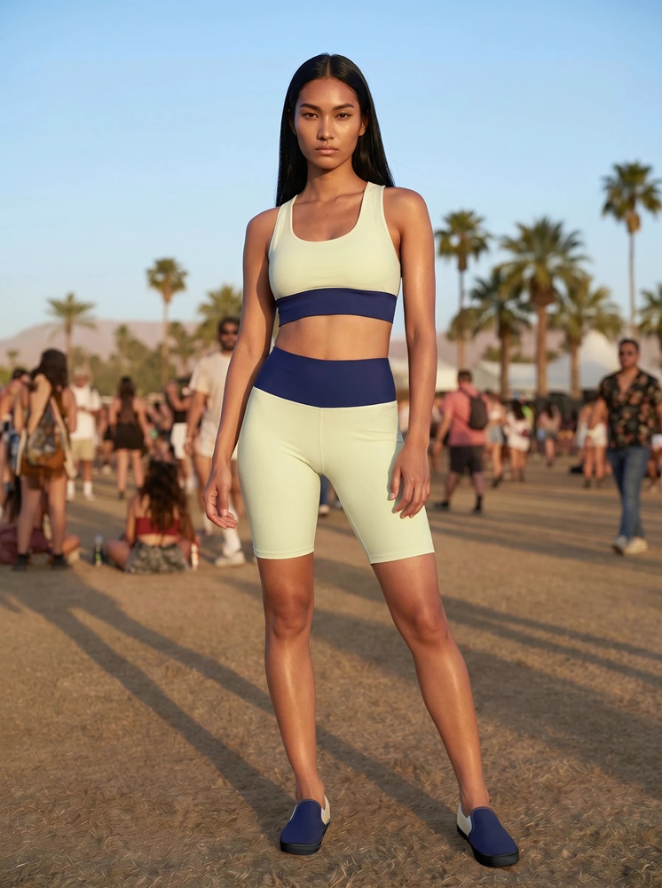 Kaia on the Beach The Bauhaus Series (Cream and Navy Blue) Longline Bra Biker Shorts Canvas Deck Shoes cream navy blue front art concierge clothing JPG
