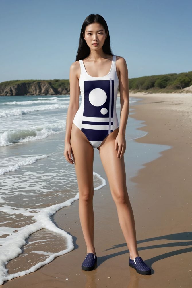 Mei Ocean Breeze The Pinstripes Series (Navy and Light Blue Circle) One-Piece Swimsuit canvas deck shoes navy blue light blue white front art concierge clothing jpg
