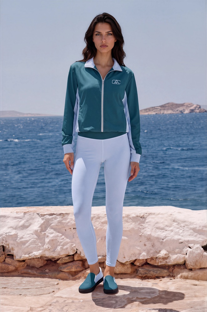 Natalia Azure Coast The Bauhaus Series (Grey and Teal) track jacket yoga leggings canvas deck shoes grey teal white front art concierge clothing JPG