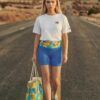 Pheobe on the road The Bauhaus Series (Circles) Biker Shorts weekender bag slides company logod champion t shirt blue red yellow white front art concierge clothing JPG