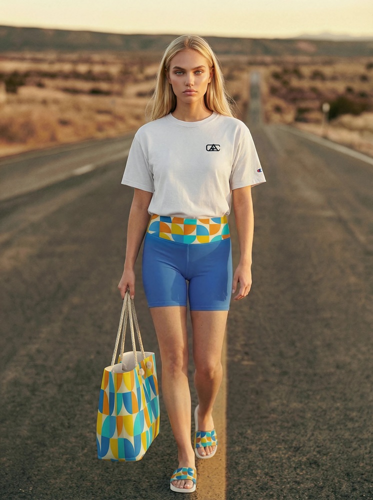 Pheobe on the road The Bauhaus Series (Circles) Biker Shorts weekender bag slides company logod champion t shirt blue red yellow white front art concierge clothing JPG