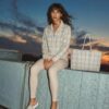 Rita at sunset The Tartan Series (Austin Light Blue) Track Jacket yoga leggings slides tan light blue front art concierge clothing jpg