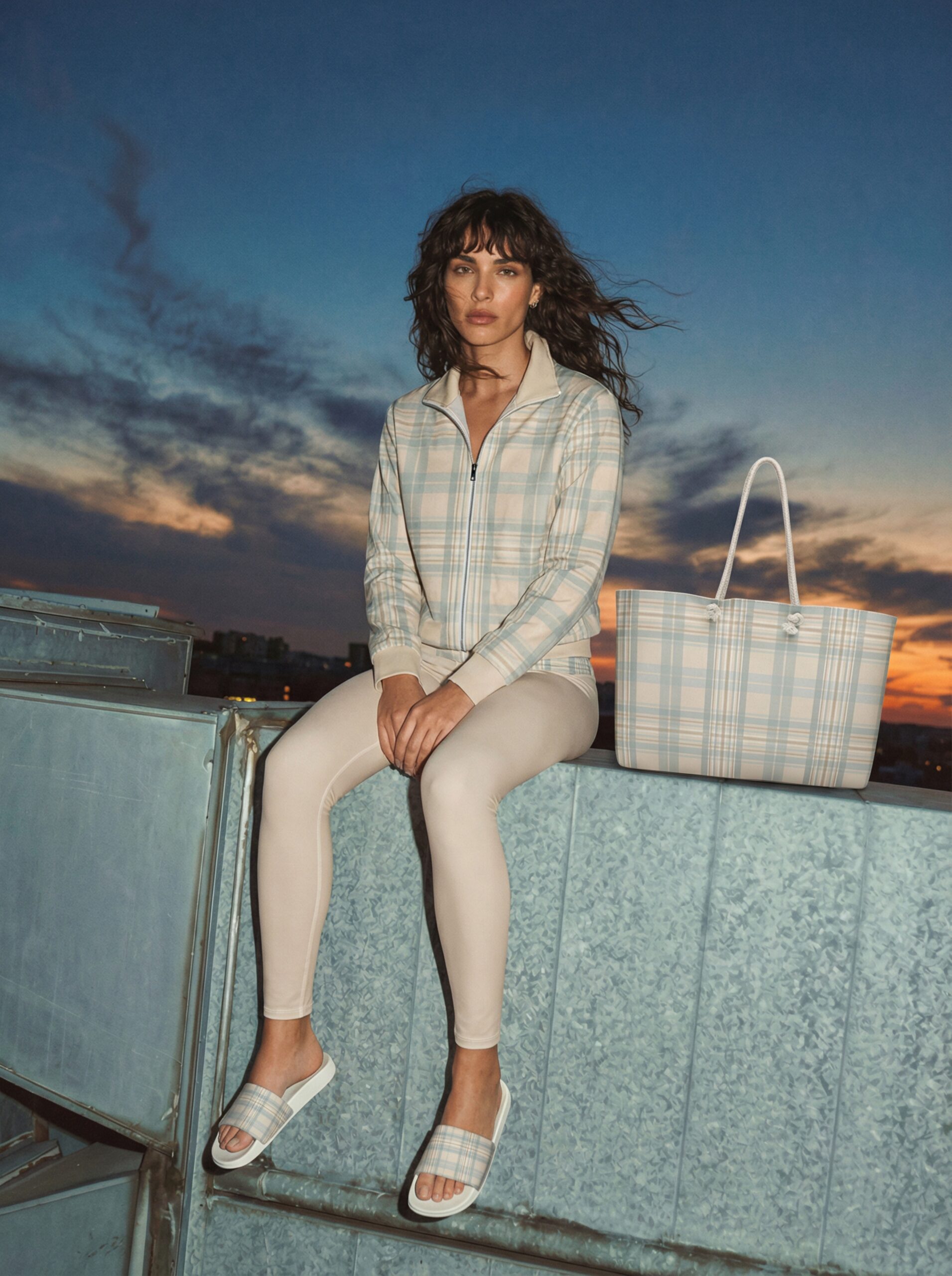 Rita at sunset The Tartan Series (Austin Light Blue) Track Jacket yoga leggings slides tan light blue front art concierge clothing jpg