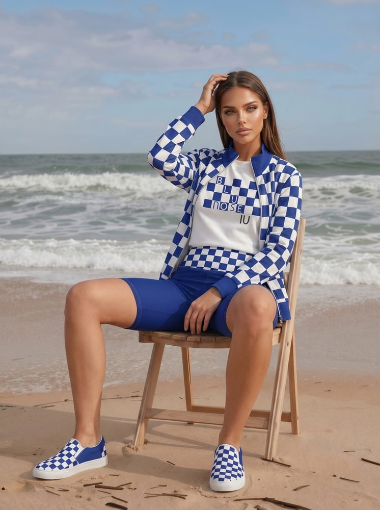 Skyler on the Beach The Nautical Series (Bluenose IV) Blue Track Jacket Champion T-shirt Biker Shorts Canvas Deck Shoes blue white front art concierge clothing JPG
