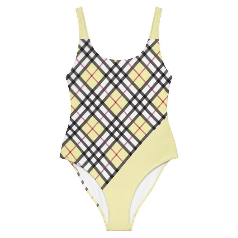 The Tartan Series (Light Mustard) One Piece Swimsuit light mustard black front art concierge clothing jpg