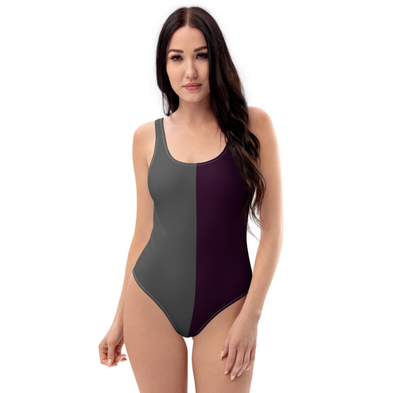 The Bauhaus Series (Plum and Grey) One-Piece Swimsuit grey plum front art concierge clothing jpg