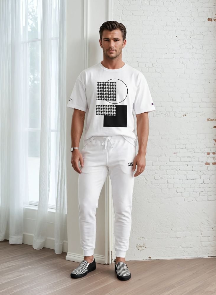 Gary Lofty Look The Art Series (Houndstooth) Champion T-Shirt Fleece Joggers canvas deck shoes brown white front art concierge clothing jpg