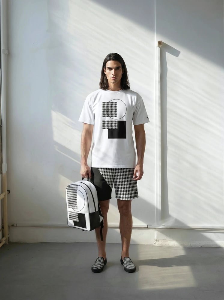 Giovani The Art Series (Houndstooth) Track Jacket Swim Trunks Canvas Deck Backpack Shoes brown white front art concierge clothing