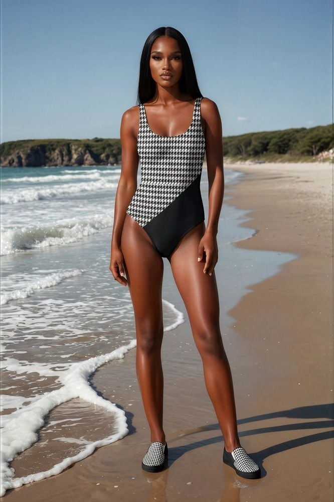 Imogen Ocean Breeze The Art Series (Houndstooth) One-Piece Swimsuit canvas deck shoes brown white front art concierge clothing jpg