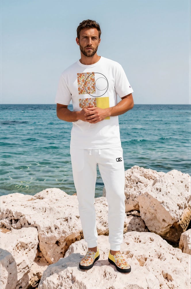 Marcus Limestone Rocks The Art Series (Red Garden) Champion T shirt Fleece Joggers Canvas Deck Shoe red yellow white front art concierge clothing JPG