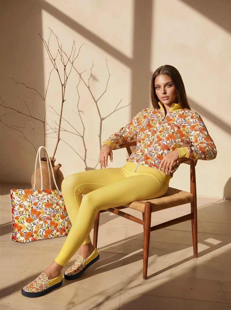 Skyler on the porch The Art Series (Red Garden) Track Jacket Yoga Leggings Canvas Deck Shoes Weekender Bag yellow red front art concierge clothing jpg