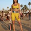 Emmi Beach Look The Stripes Series (Rainbow) Longline Sports Bra Biker Shorts Canvas Deck Shoes multicoloured stripes green front art concierge clothing JPG